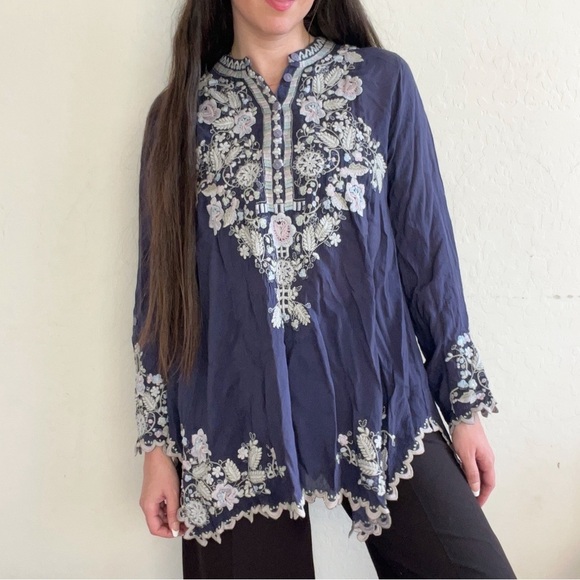 Johnny Was Mayan Ivory Embroidered Long Sleeve Tunic Blue - Picture 1 of 15